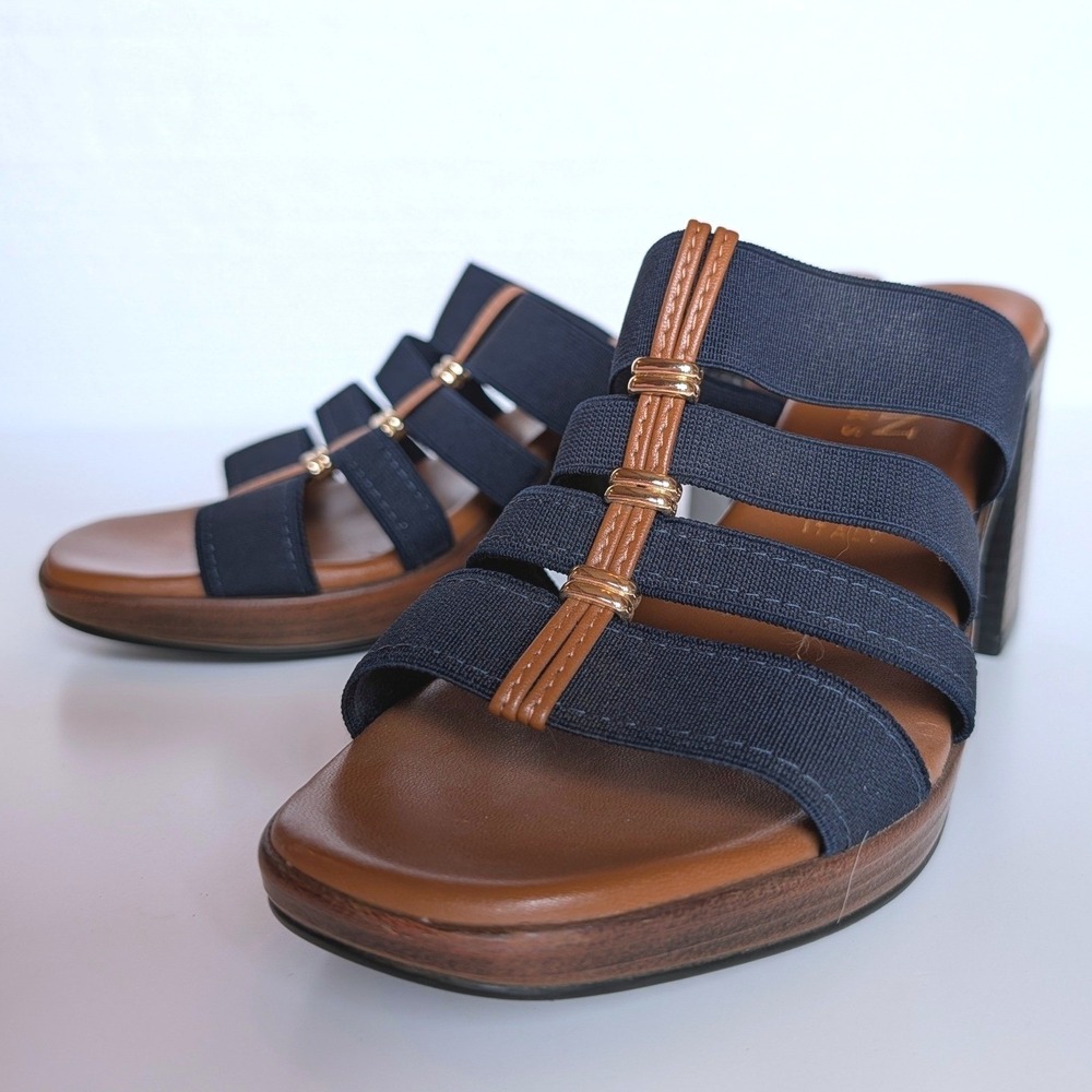 Navy Blue Block Heel Sandals Thick Strap Size 7 Italian Shoemakers Dress Shoes